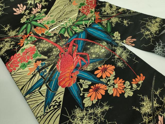 平和屋着物●極上 アンティーク 大正ロマン 九寸名古屋帯 伊勢海老 黒地 金糸 逸品 DZAB2646kh6