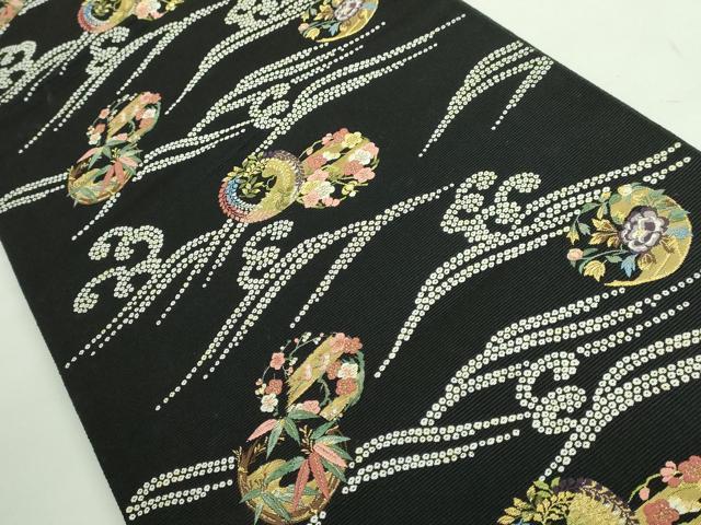 平和屋着物●極上 西陣の老舗 1782年創業 山下織物 六通柄袋帯 唐織 寿涛吉祥 黒地 金糸 逸品 DZAB2647kh6