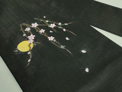 平和屋着物●極上 九寸名古屋帯 手描き 夜桜 黒地 逸品 DZAB2650kh6