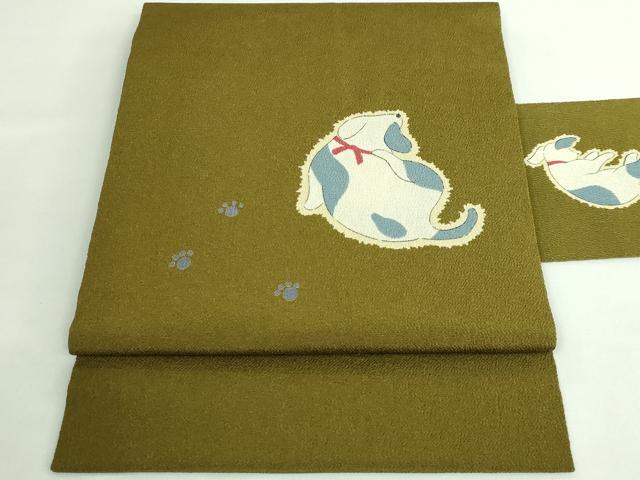 平和屋着物●極上 九寸名古屋帯 犬 鶯茶色地 鬼しぼ縮緬 やまと誂製 逸品 DZAB2656kh6