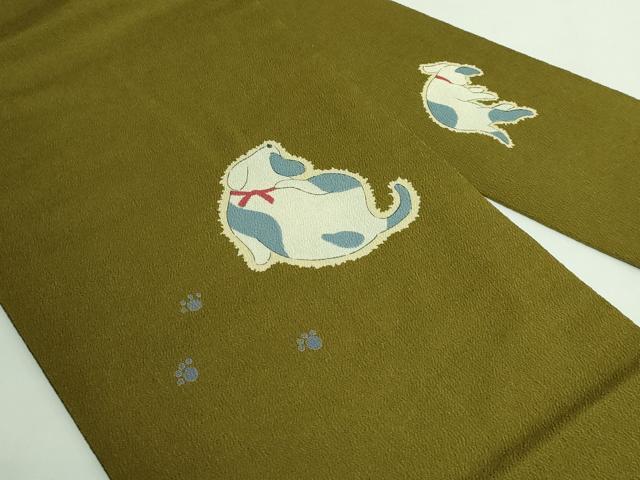平和屋着物●極上 九寸名古屋帯 犬 鶯茶色地 鬼しぼ縮緬 やまと誂製 逸品 DZAB2656kh6