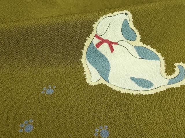 平和屋着物●極上 九寸名古屋帯 犬 鶯茶色地 鬼しぼ縮緬 やまと誂製 逸品 DZAB2656kh6
