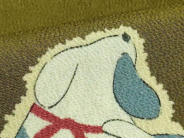 平和屋着物●極上 九寸名古屋帯 犬 鶯茶色地 鬼しぼ縮緬 やまと誂製 逸品 DZAB2656kh6