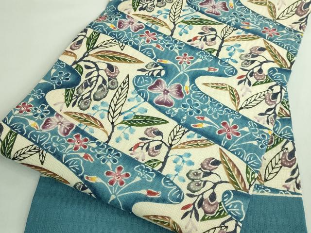 平和屋本店●最高級　城間栄順　本場琉球紅型　九寸開き名古屋帯　染と織　琉藍　伊と幸　草花文　証紙・紙タグ付き　逸品　DZAB4798kh6 平和屋本店□最高級 城間栄順 本場琉球紅型 塩瀬 九寸名古屋帯 花蝶文