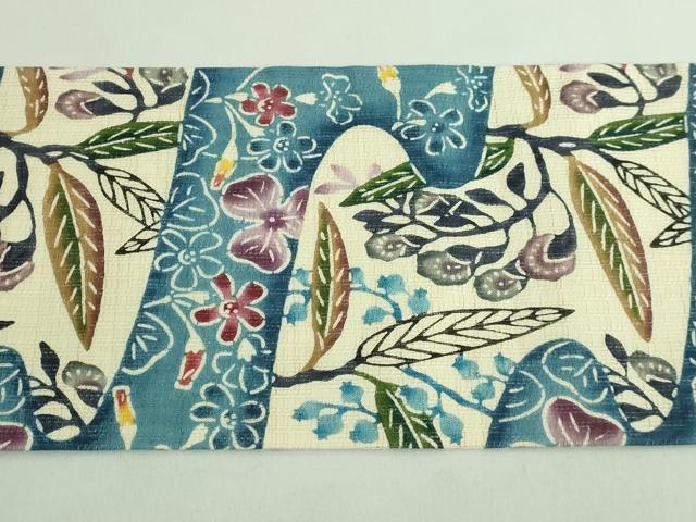 平和屋本店＊最高級　夏物　城間栄順　本場琉球紅型　九寸名古屋帯　花丸文　藍染　麻　逸品　DZAB4791kh6 平和屋本店□最高級 城間栄順 本場琉球紅型 塩瀬 九寸名古屋帯 花蝶文