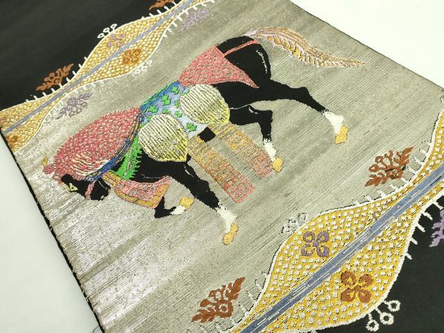 平和屋本店●最高級　龍村平蔵製　太鼓柄　本袋帯　天竺祭馬錦　黒地　金銀糸　逸品　DZAB2661kh6