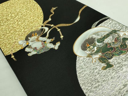 平和屋本店●極上　太鼓柄袋帯　螺鈿　竹珠庵　風神・雷神　黒地　金銀糸　逸品　DZAB2665kh6