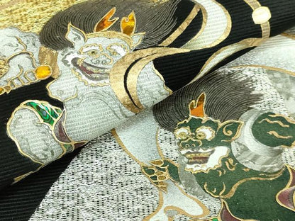平和屋本店●極上　太鼓柄袋帯　螺鈿　竹珠庵　風神・雷神　黒地　金銀糸　逸品　DZAB2665kh6