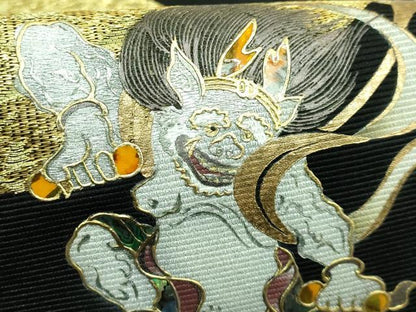 平和屋本店●極上　太鼓柄袋帯　螺鈿　竹珠庵　風神・雷神　黒地　金銀糸　逸品　DZAB2665kh6