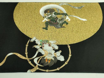 平和屋本店●極上　太鼓柄袋帯　螺鈿　竹珠庵　風神・雷神　黒地　金銀糸　逸品　DZAB2665kh6