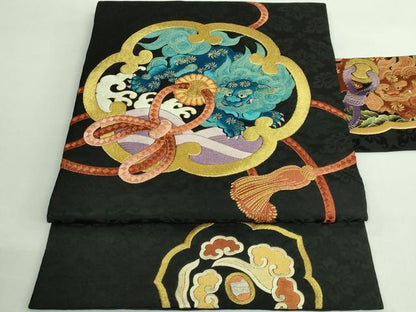 平和屋着物●極上　アンティーク　大正ロマン　九寸名古屋帯　総刺繍　宝尽くし　黒地　金糸　逸品　DZAB2668kh6