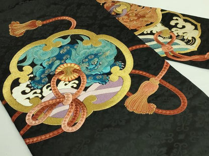 平和屋着物●極上　アンティーク　大正ロマン　九寸名古屋帯　総刺繍　宝尽くし　黒地　金糸　逸品　DZAB2668kh6