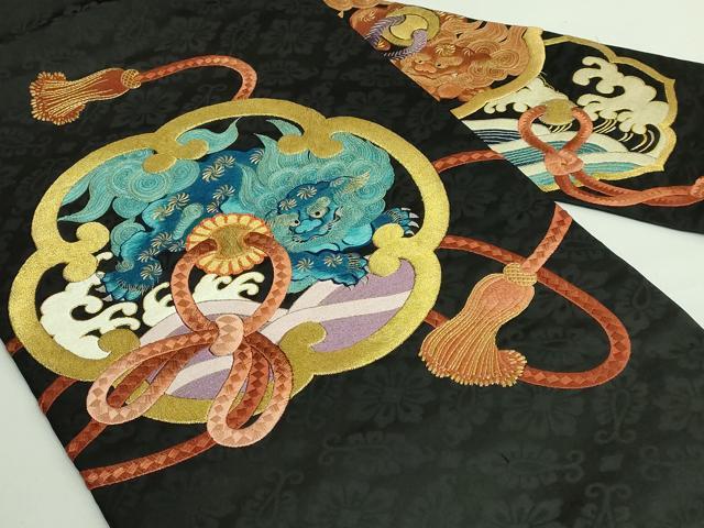 平和屋着物●極上　アンティーク　大正ロマン　九寸名古屋帯　総刺繍　宝尽くし　黒地　金糸　逸品　DZAB2668kh6