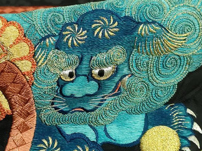 平和屋着物●極上　アンティーク　大正ロマン　九寸名古屋帯　総刺繍　宝尽くし　黒地　金糸　逸品　DZAB2668kh6