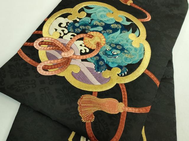 平和屋着物●極上　アンティーク　大正ロマン　九寸名古屋帯　総刺繍　宝尽くし　黒地　金糸　逸品　DZAB2668kh6