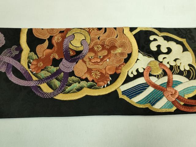 平和屋着物●極上　アンティーク　大正ロマン　九寸名古屋帯　総刺繍　宝尽くし　黒地　金糸　逸品　DZAB2668kh6