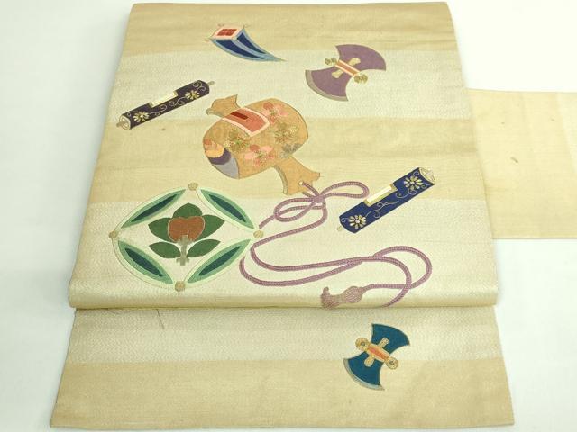 平和屋着物●極上 アンティーク 大正ロマン 九寸名古屋帯 総刺繍 宝尽くし 金糸 逸品 DZAB2669kh6