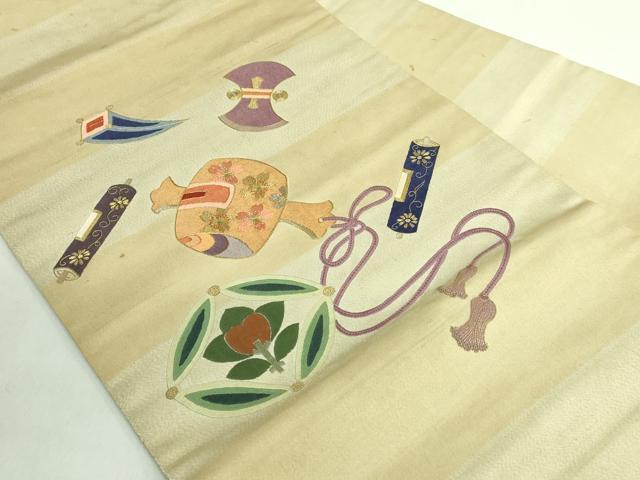 平和屋着物●極上 アンティーク 大正ロマン 九寸名古屋帯 総刺繍 宝尽くし 金糸 逸品 DZAB2669kh6
