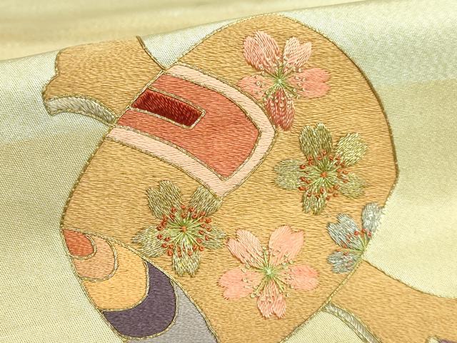 平和屋着物●極上 アンティーク 大正ロマン 九寸名古屋帯 総刺繍 宝尽くし 金糸 逸品 DZAB2669kh6