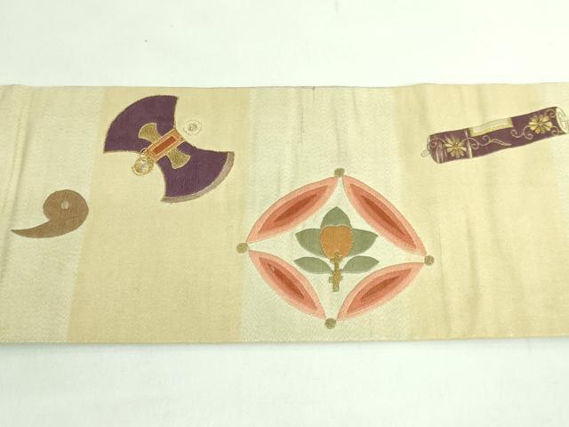 平和屋着物●極上 アンティーク 大正ロマン 九寸名古屋帯 総刺繍 宝尽くし 金糸 逸品 DZAB2669kh6