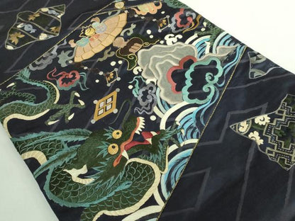 平和屋着物●極上 アンティーク 大正ロマン 九寸名古屋帯 引き抜き帯 総手刺繍 龍 宝尽くし 金糸 逸品 DZAB2670kh6