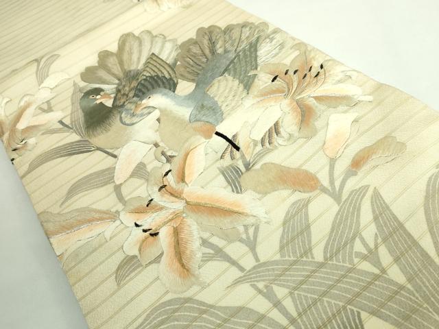 平和屋本店●極上　アンティーク　大正ロマン　丸帯　引き抜き帯　総手刺繍　鳩　百合　金銀糸　逸品　DZAB2671kh6