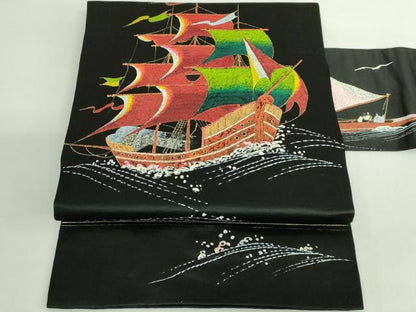 平和屋着物●極上 アンティーク 大正ロマン 九寸名古屋帯 手描き 船 黒地 逸品 DZAB2673kh6