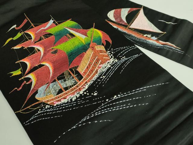 平和屋着物●極上 アンティーク 大正ロマン 九寸名古屋帯 手描き 船 黒地 逸品 DZAB2673kh6