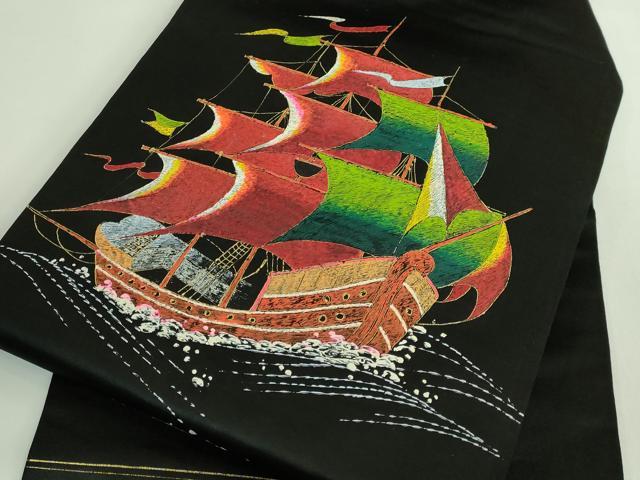 平和屋着物●極上 アンティーク 大正ロマン 九寸名古屋帯 手描き 船 黒地 逸品 DZAB2673kh6