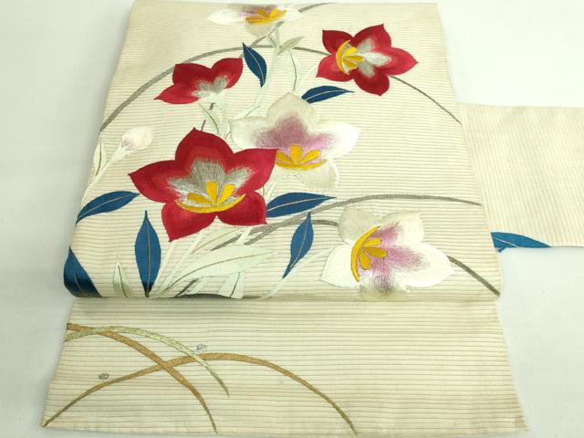 平和屋着物●極上 アンティーク 大正ロマン 九寸名古屋帯 総手刺繍 草花文 銀糸 逸品 DZAB2675kh6