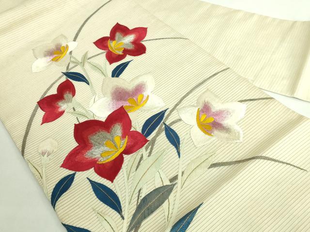 平和屋着物●極上 アンティーク 大正ロマン 九寸名古屋帯 総手刺繍 草花文 銀糸 逸品 DZAB2675kh6