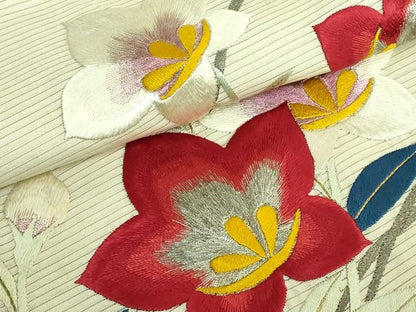 平和屋着物●極上 アンティーク 大正ロマン 九寸名古屋帯 総手刺繍 草花文 銀糸 逸品 DZAB2675kh6
