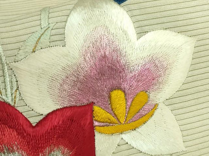 平和屋着物●極上 アンティーク 大正ロマン 九寸名古屋帯 総手刺繍 草花文 銀糸 逸品 DZAB2675kh6