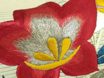 平和屋着物●極上 アンティーク 大正ロマン 九寸名古屋帯 総手刺繍 草花文 銀糸 逸品 DZAB2675kh6