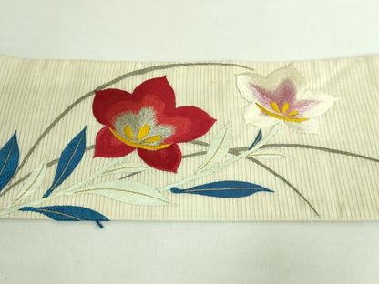 平和屋着物●極上 アンティーク 大正ロマン 九寸名古屋帯 総手刺繍 草花文 銀糸 逸品 DZAB2675kh6