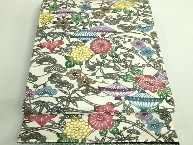 平和屋着物●極上 両方向 両面 全通柄袋帯 型染め 草花文 葉尽くし 南天蔦の葉 黒地 逸品 DZAB2690kh6