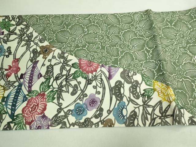 平和屋着物●極上 両方向 両面 全通柄袋帯 型染め 草花文 葉尽くし 南天蔦の葉 黒地 逸品 DZAB2690kh6