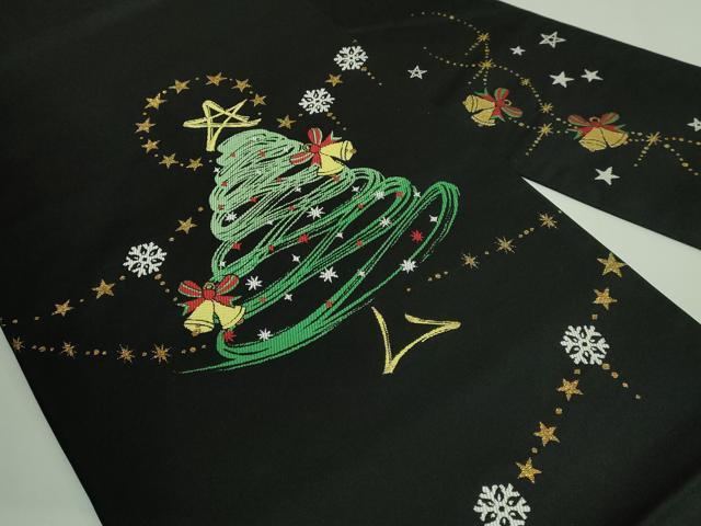 平和屋着物●極上 九寸名古屋帯 クリスマスツリー 雪 黒地 金銀糸 証紙付き 逸品 新品 DZAB2698kh6
