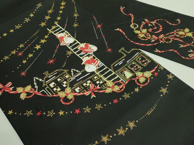 平和屋着物●極上 九寸名古屋帯 クリスマス サンタクロース 黒地 金銀糸 証紙付き 逸品 新品 DZAB2699kh6