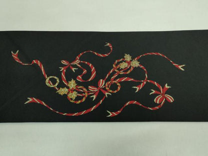 平和屋着物●極上 九寸名古屋帯 クリスマス サンタクロース 黒地 金銀糸 証紙付き 逸品 新品 DZAB2699kh6
