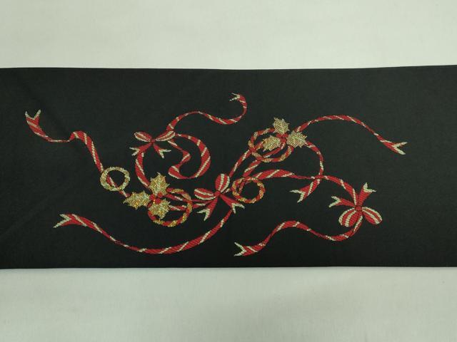平和屋着物●極上 九寸名古屋帯 クリスマス サンタクロース 黒地 金銀糸 証紙付き 逸品 新品 DZAB2699kh6