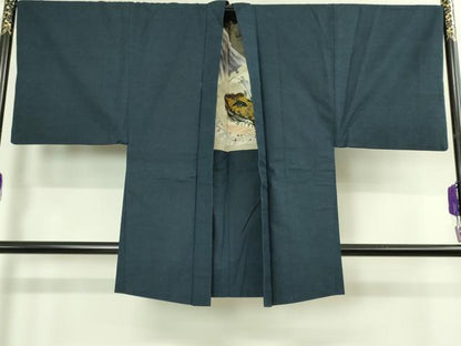 平和屋着物■極上　男性　紬　アンサンブル　長羽織　色無地　濃藍色　逸品　DZAB2705kh6