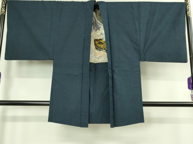 平和屋着物■極上　男性　紬　アンサンブル　長羽織　色無地　濃藍色　逸品　DZAB2705kh6