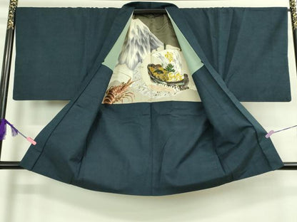 平和屋着物■極上　男性　紬　アンサンブル　長羽織　色無地　濃藍色　逸品　DZAB2705kh6