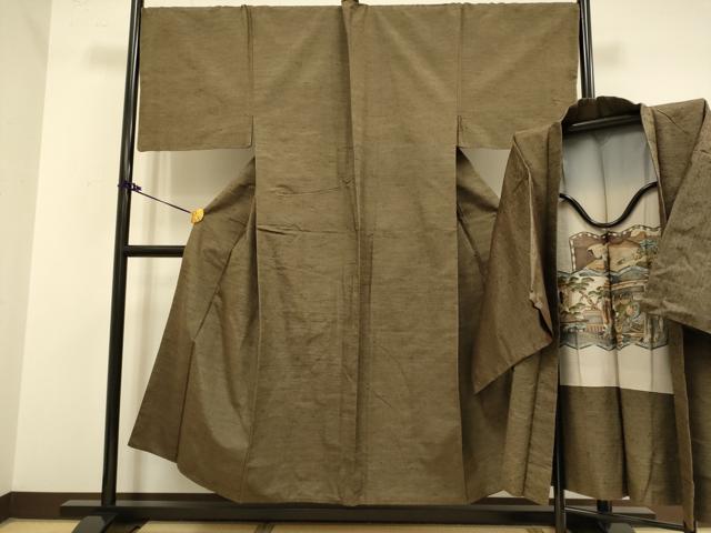 平和屋着物■極上　男性　紬　アンサンブル　キングサイズ　長羽織・髭紬　濃い黄枯茶色　逸品　DZAB2708kh6