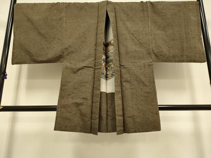平和屋着物■極上　男性　紬　アンサンブル　キングサイズ　長羽織・髭紬　濃い黄枯茶色　逸品　DZAB2708kh6