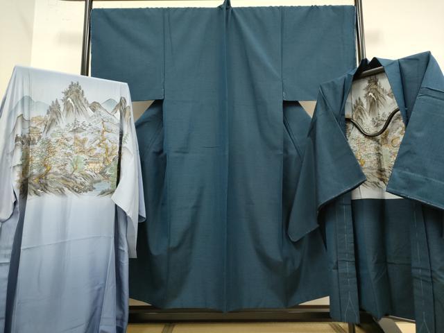 平和屋着物■極上　男性　紬　アンサンブル　キングサイズ　長羽織・長襦袢(無双仕立て)セット　濃い紺鼠色　逸品　未使用　DZAB2709kh6