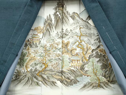平和屋着物■極上　男性　紬　アンサンブル　キングサイズ　長羽織・長襦袢(無双仕立て)セット　濃い紺鼠色　逸品　未使用　DZAB2709kh6