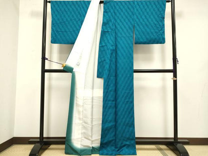 平和屋着物●極上　BANKANわものや　色無地　花菱地紋　濃い花浅葱色　反端付き　逸品　DZAB2738kh6