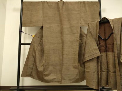 平和屋着物■極上　男性　紬　単衣　アンサンブル　キングサイズ　長羽織・髭紬　黄枯茶色　逸品　DZAB2744kh6